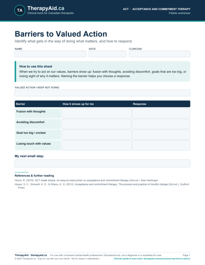 Preview of the Barriers to Valued Action worksheet