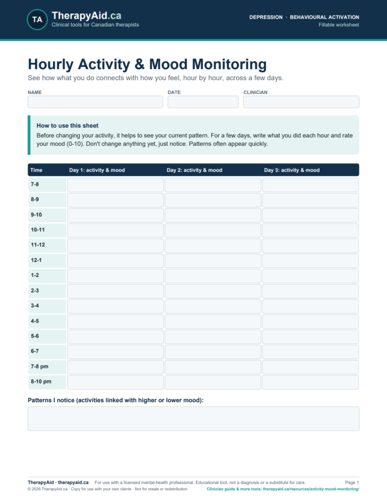 Preview of the Hourly Activity & Mood Monitoring worksheet