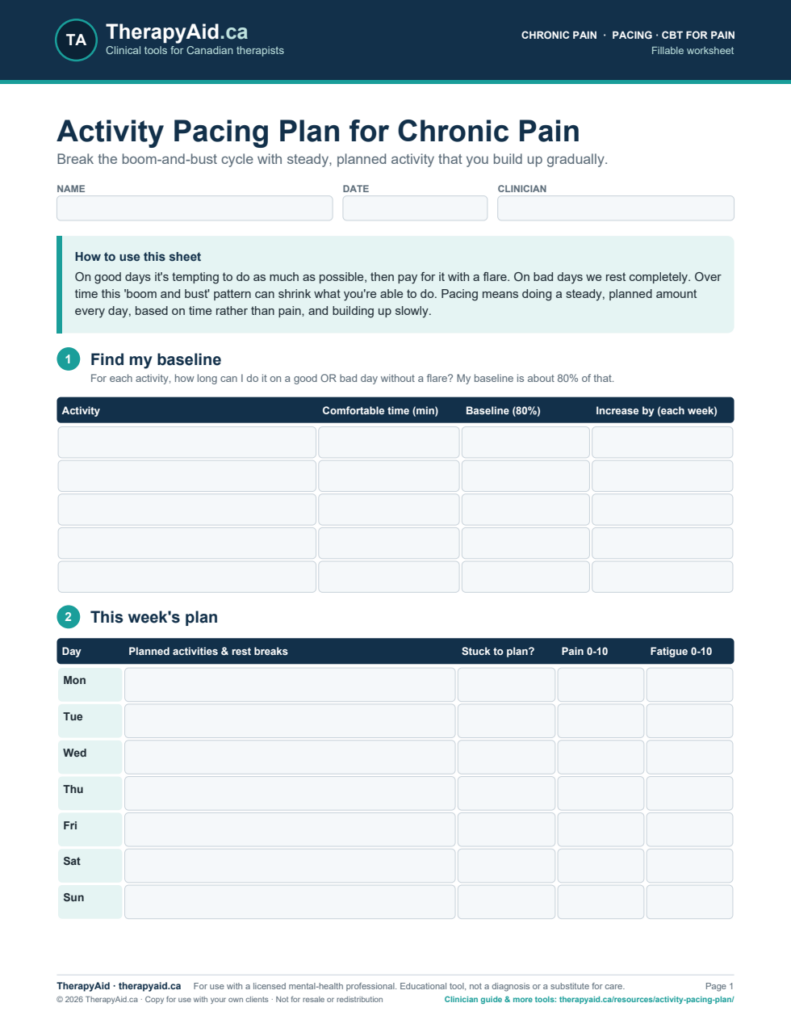 Preview of the Activity Pacing Plan for Chronic Pain worksheet
