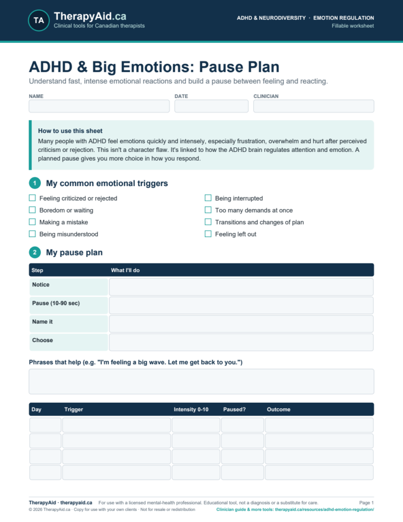 Preview of the ADHD & Big Emotions: Pause Plan worksheet