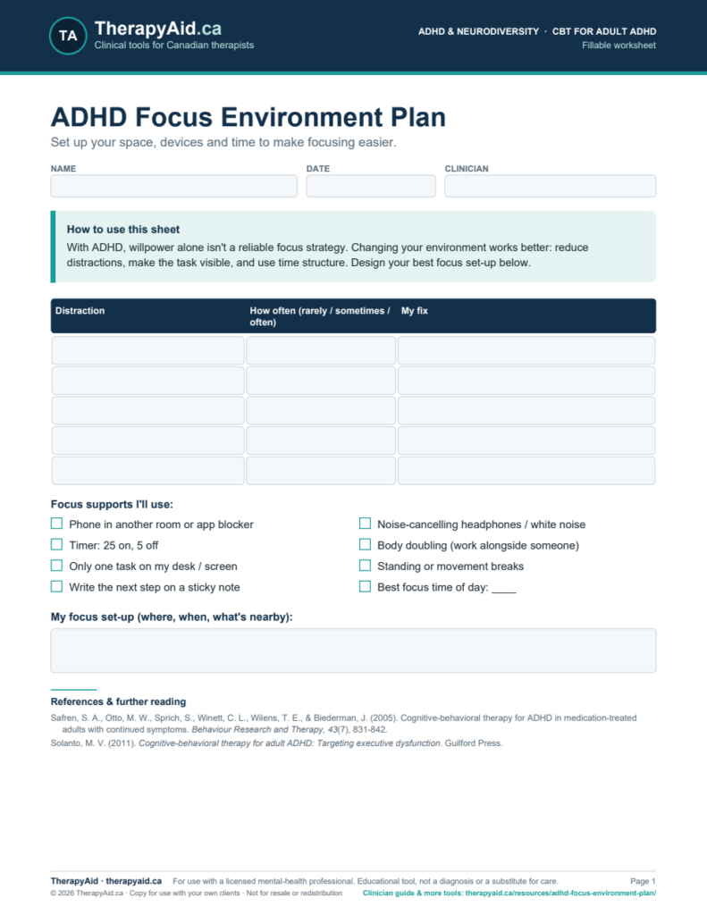 Preview of the ADHD Focus Environment Plan worksheet