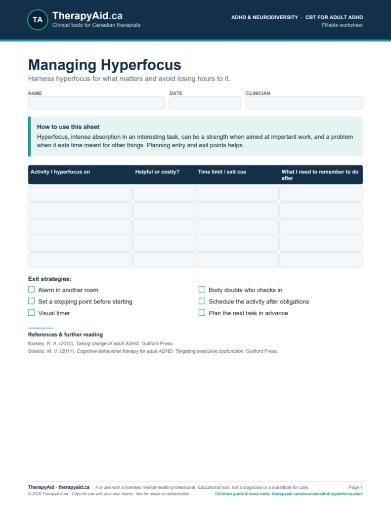 Preview of the Managing Hyperfocus worksheet