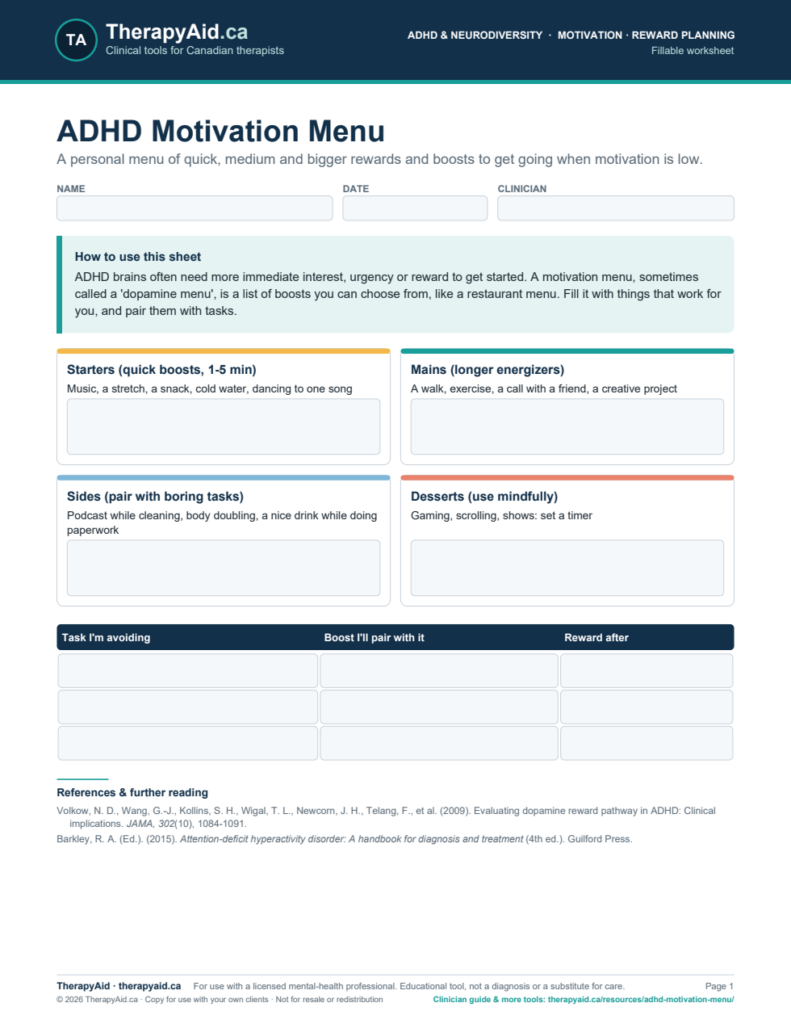 Preview of the ADHD Motivation Menu worksheet