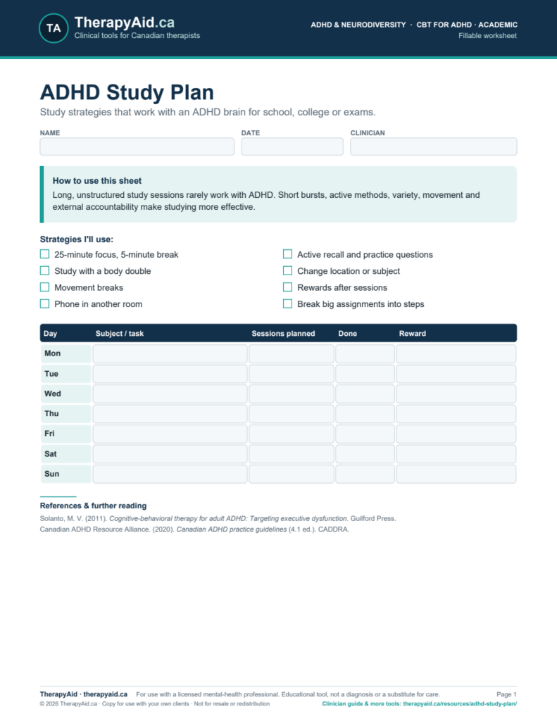 Preview of the ADHD Study Plan worksheet