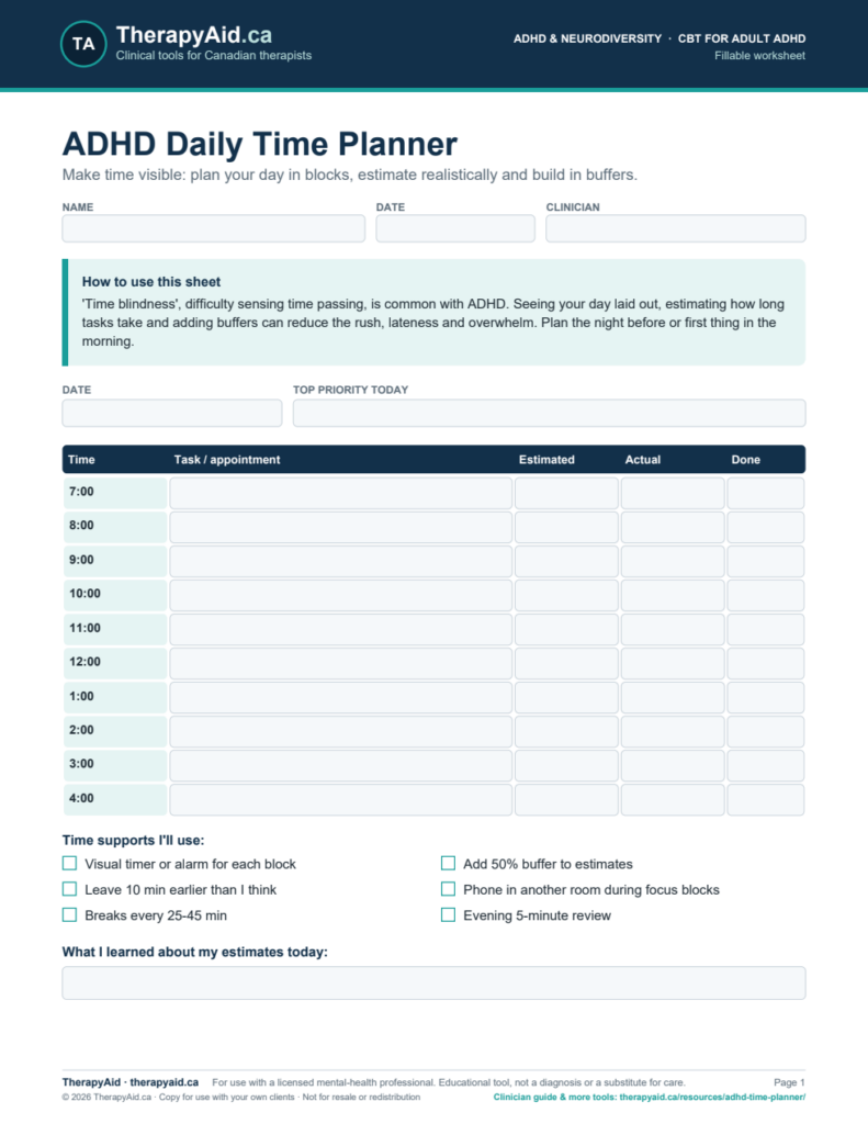 Preview of the ADHD Daily Time Planner worksheet