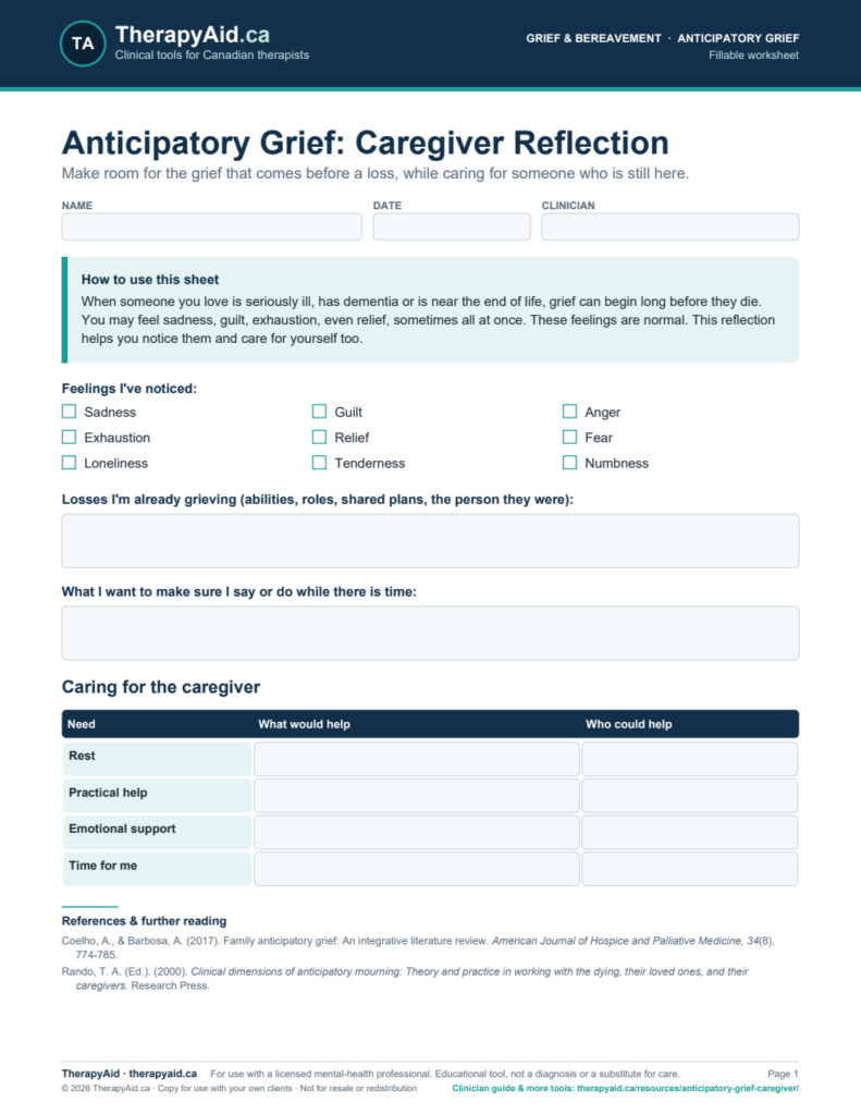 Preview of the Anticipatory Grief: Caregiver Reflection worksheet