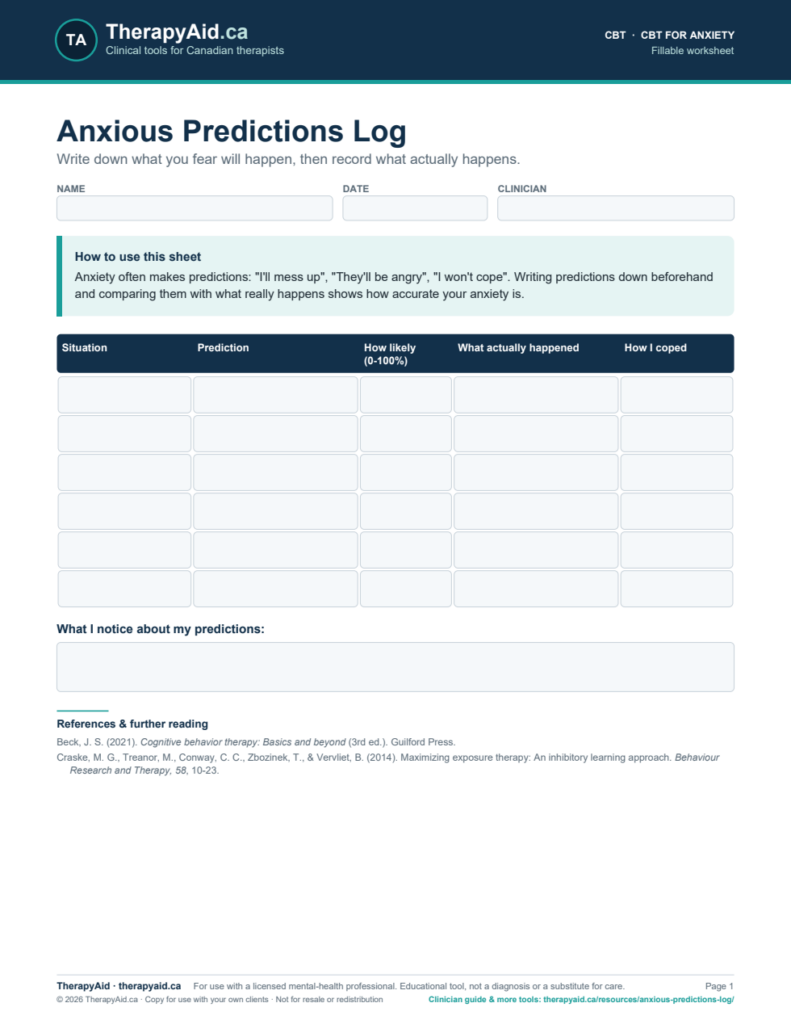 Preview of the Anxious Predictions Log worksheet