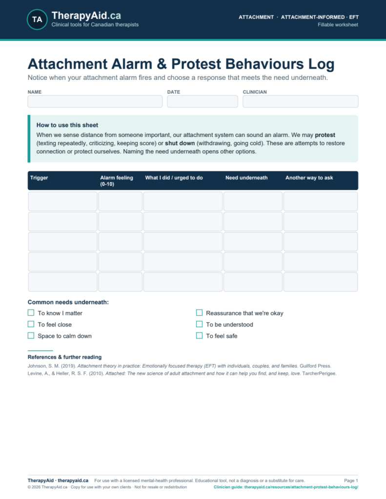 Preview of the Attachment Alarm & Protest Behaviours Log worksheet