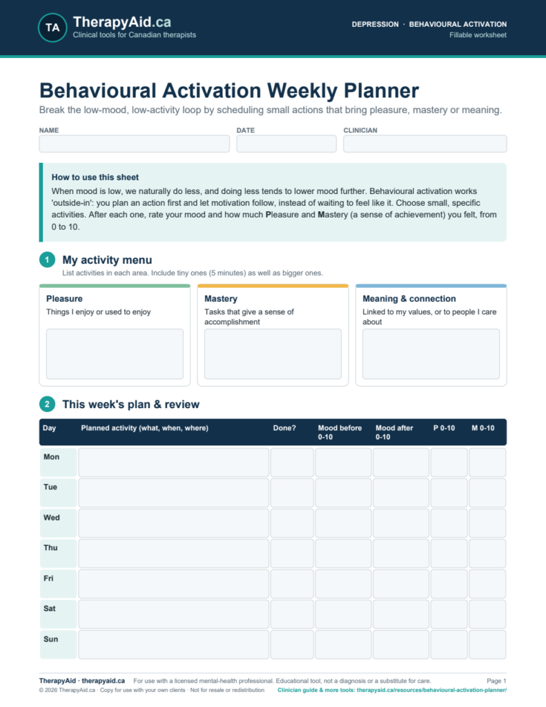Preview of the Behavioural Activation Weekly Planner worksheet