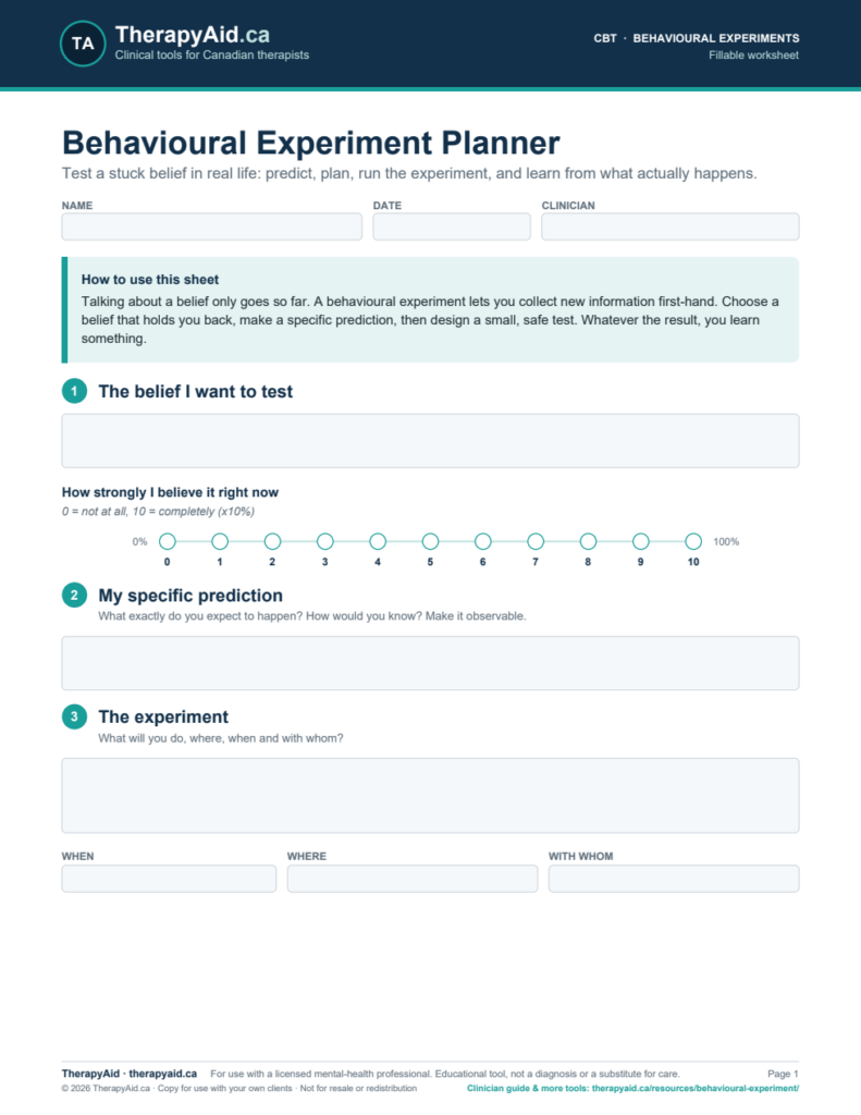 Preview of the Behavioural Experiment Planner worksheet