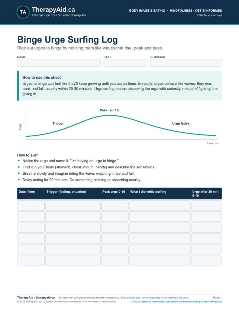 Preview of the Binge Urge Surfing Log worksheet