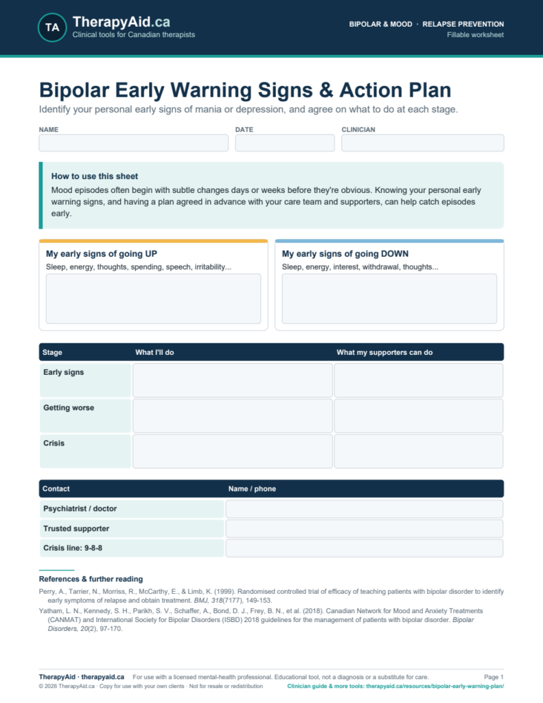 Preview of the Bipolar Early Warning Signs & Action Plan worksheet