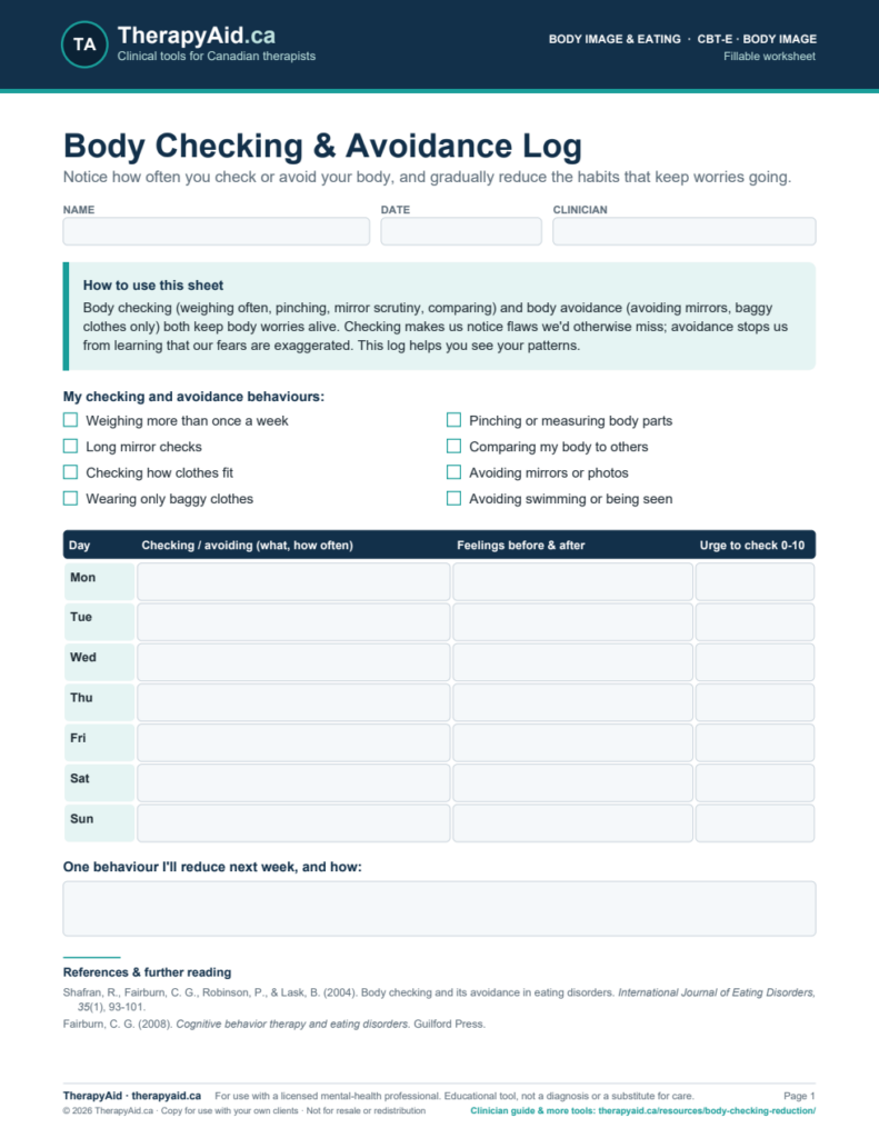 Preview of the Body Checking & Avoidance Log worksheet