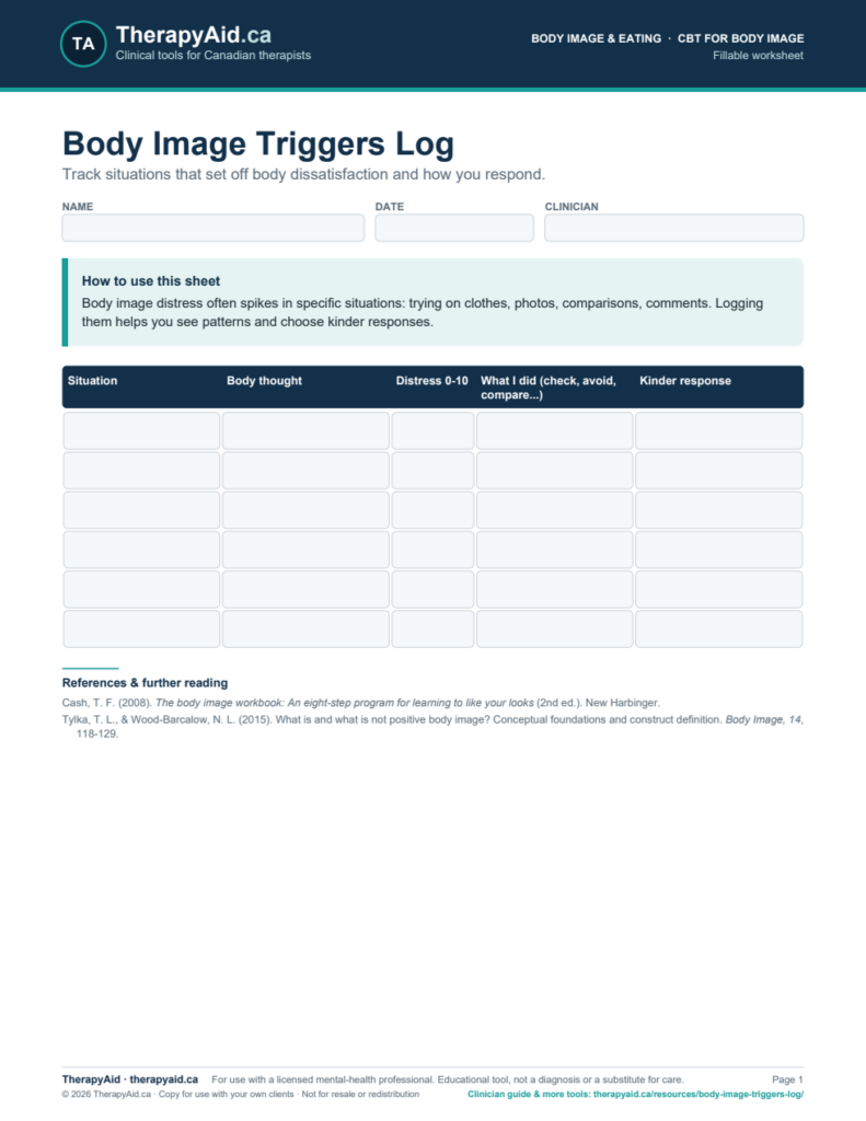 Preview of the Body Image Triggers Log worksheet