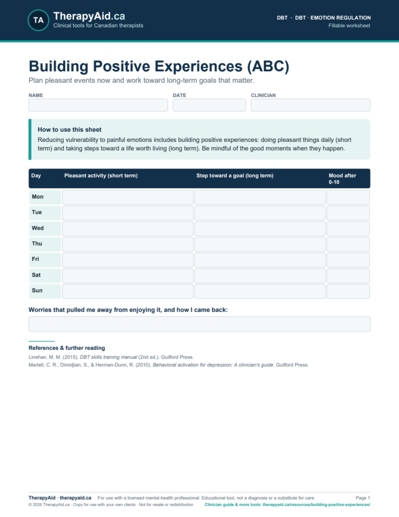 Preview of the Building Positive Experiences (ABC) worksheet
