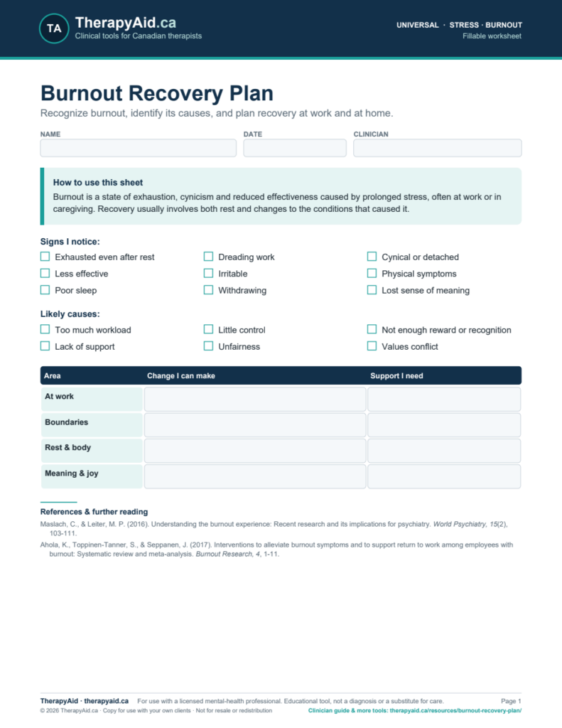 Preview of the Burnout Recovery Plan worksheet