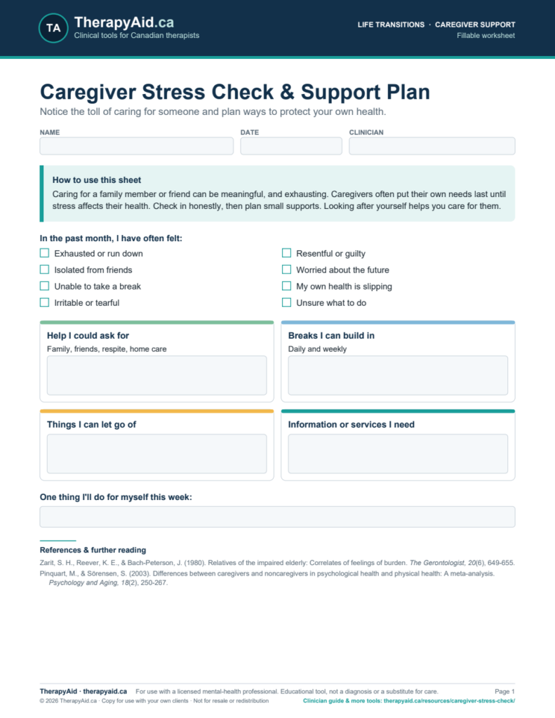 Preview of the Caregiver Stress Check & Support Plan worksheet