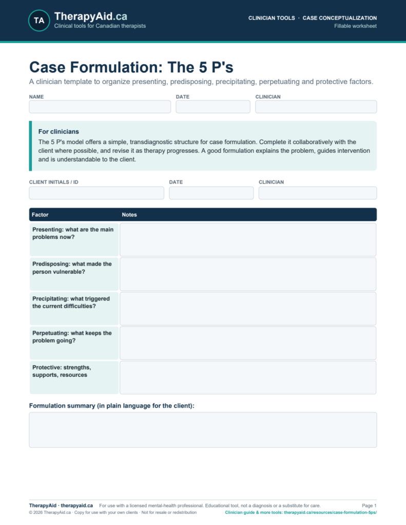 Preview of the Case Formulation: The 5 P’s worksheet