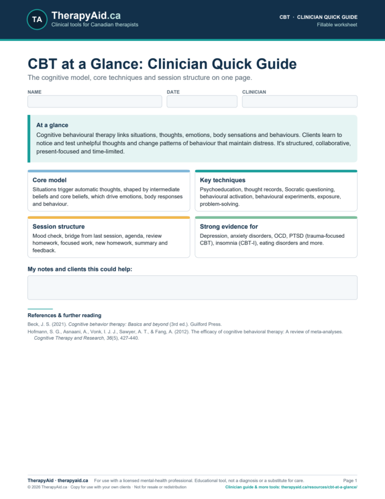 Preview of the CBT at a Glance: Clinician Quick Guide worksheet