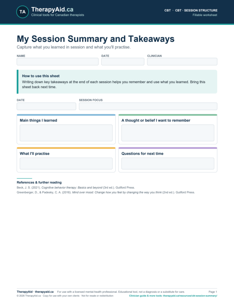 Preview of the My Session Summary and Takeaways worksheet