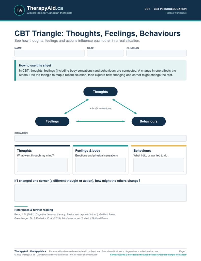 Preview of the CBT Triangle: Thoughts, Feelings, Behaviours worksheet