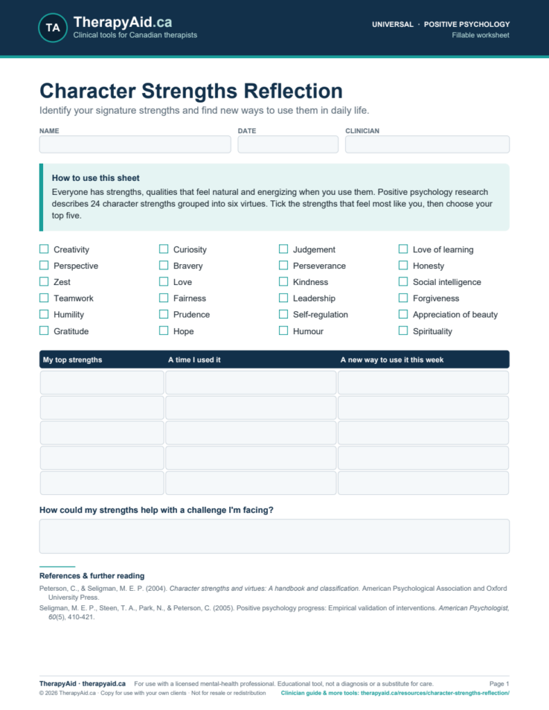 Preview of the Character Strengths Reflection worksheet