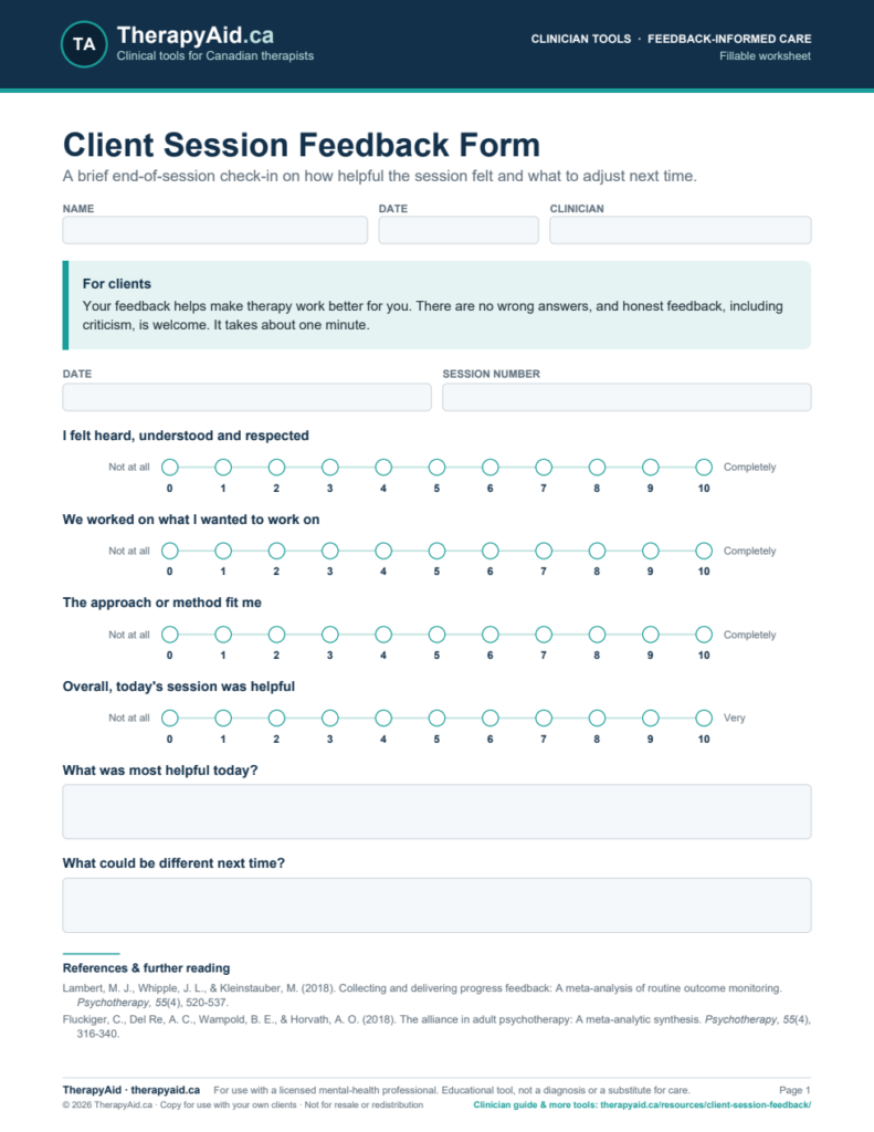 Preview of the Client Session Feedback Form worksheet