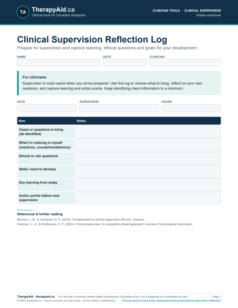 Preview of the Clinical Supervision Reflection Log worksheet