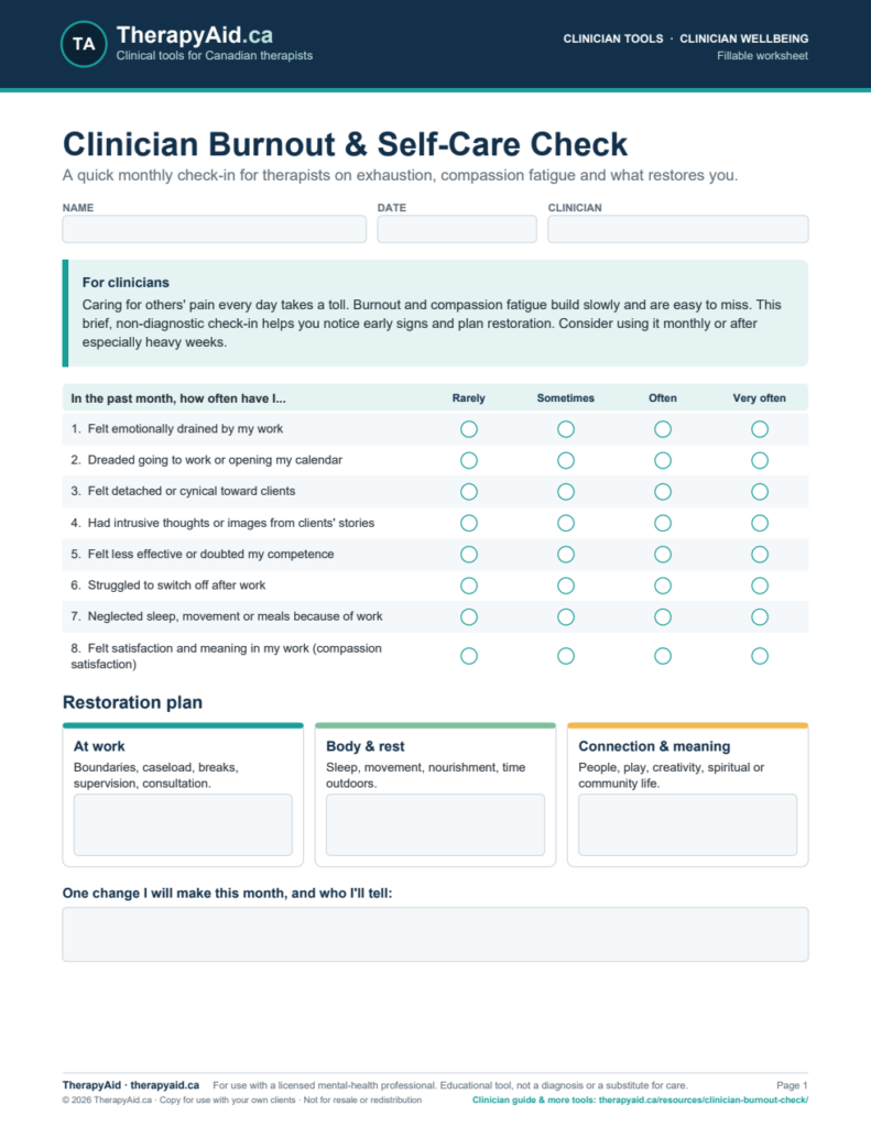 Preview of the Clinician Burnout & Self-Care Check worksheet