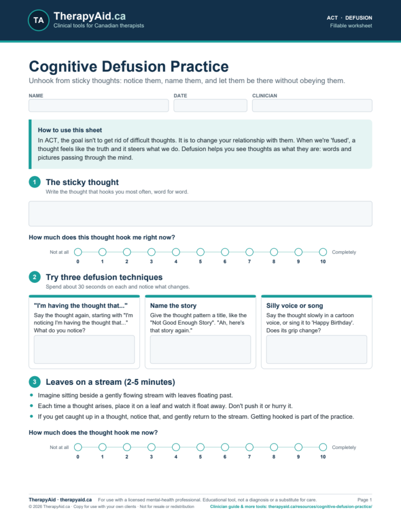 Preview of the Cognitive Defusion Practice worksheet