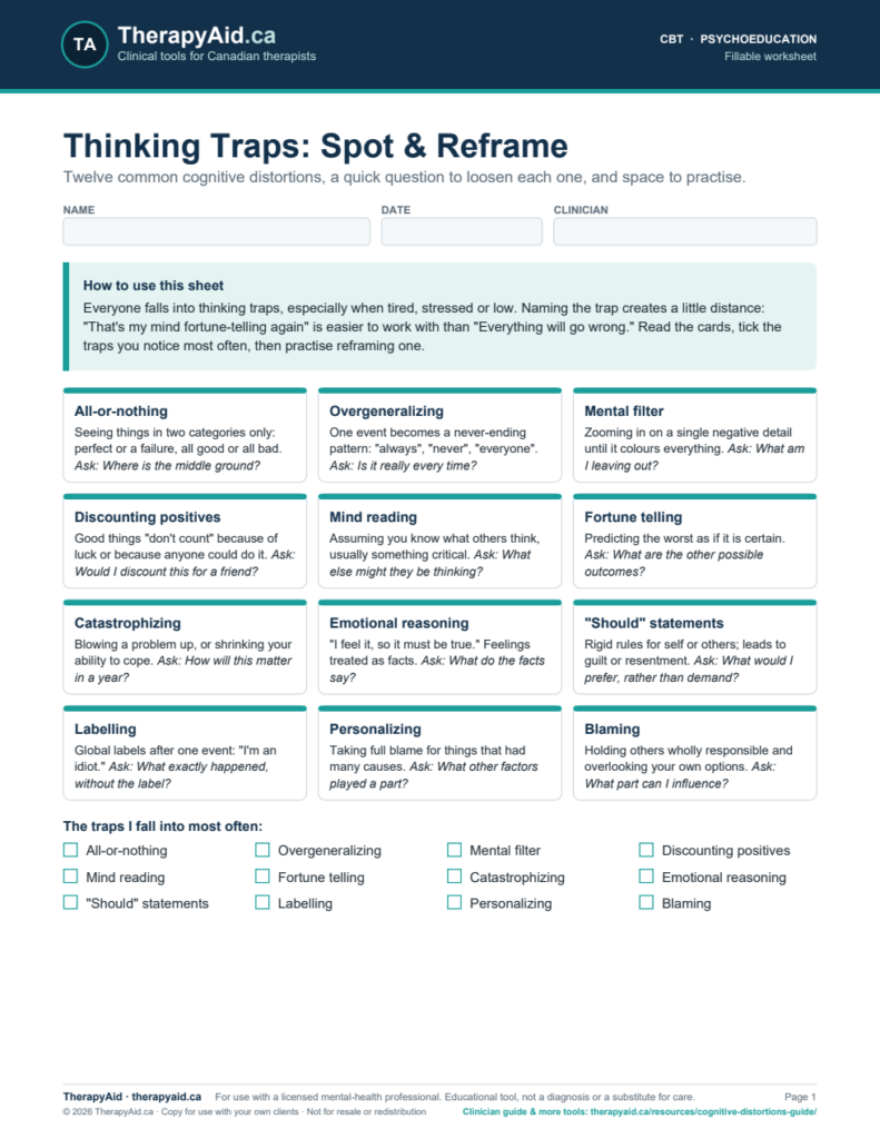 Preview of the Thinking Traps: Spot & Reframe worksheet
