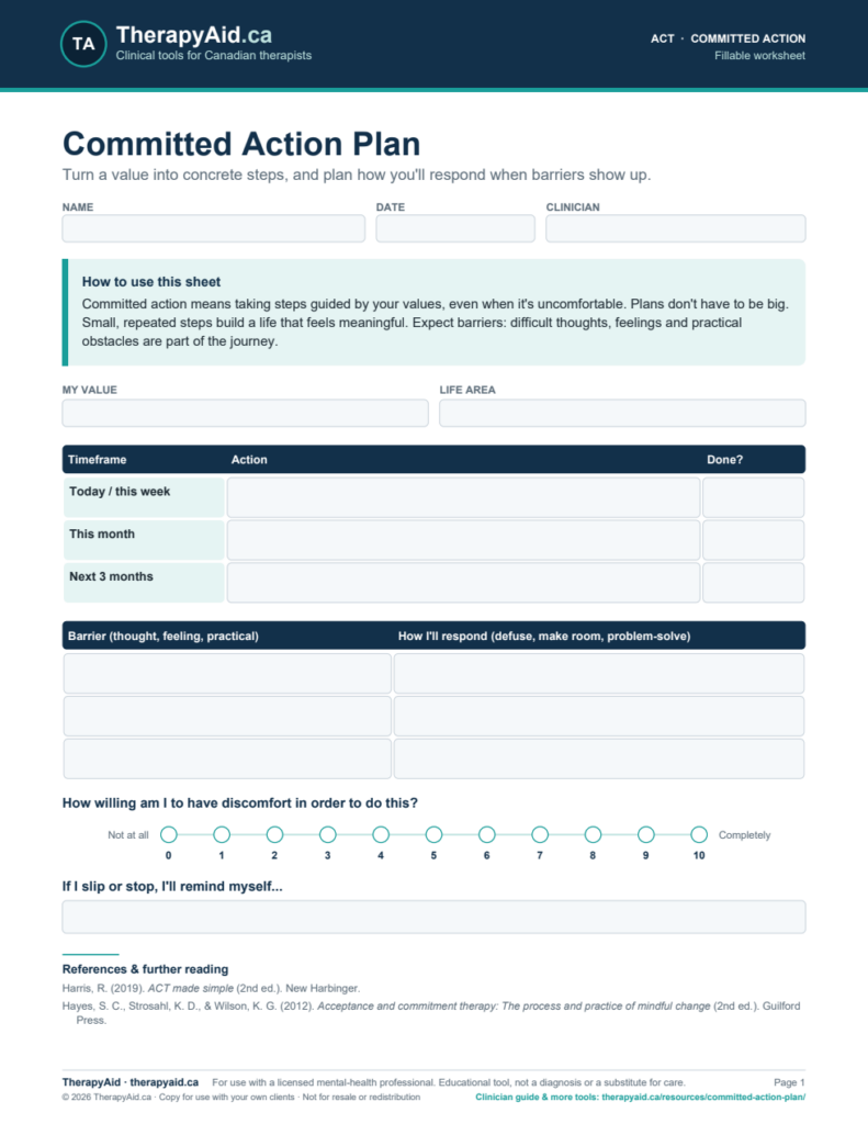 Preview of the Committed Action Plan worksheet