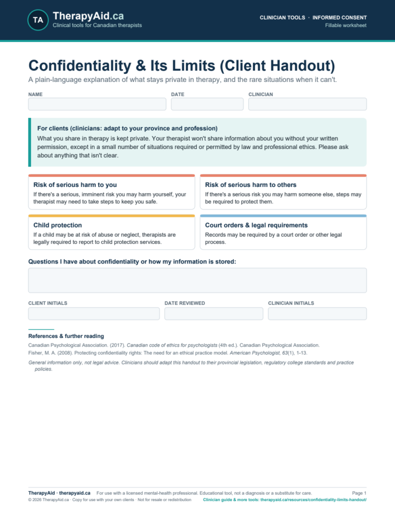 Preview of the Confidentiality & Its Limits (Client Handout) worksheet