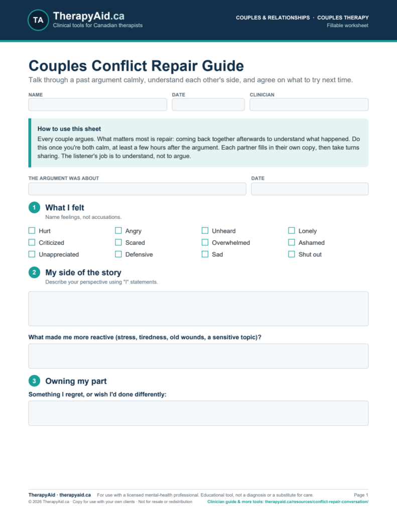Preview of the Couples Conflict Repair Guide worksheet