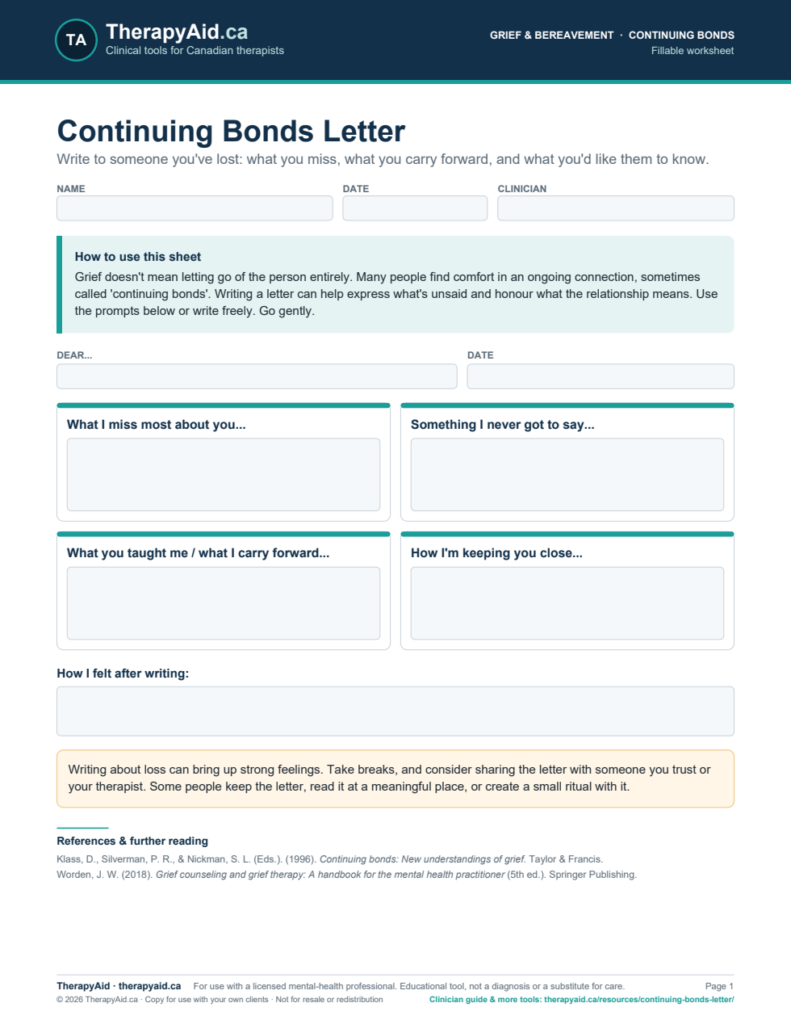 Preview of the Continuing Bonds Letter worksheet