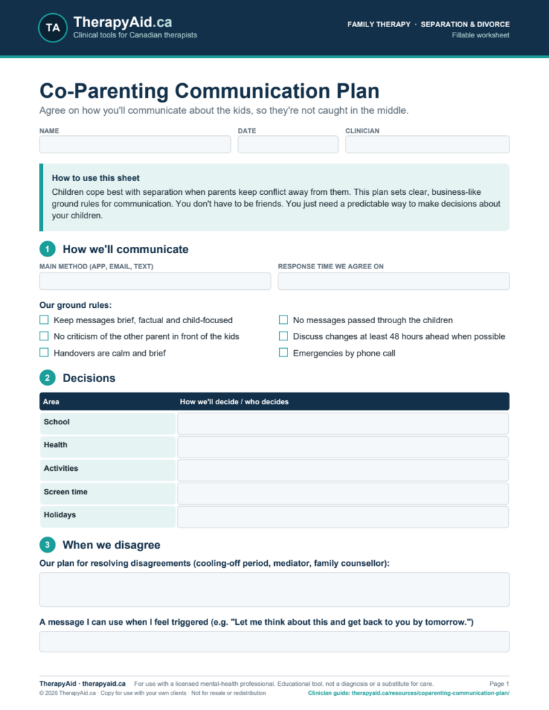 Preview of the Co-Parenting Communication Plan worksheet