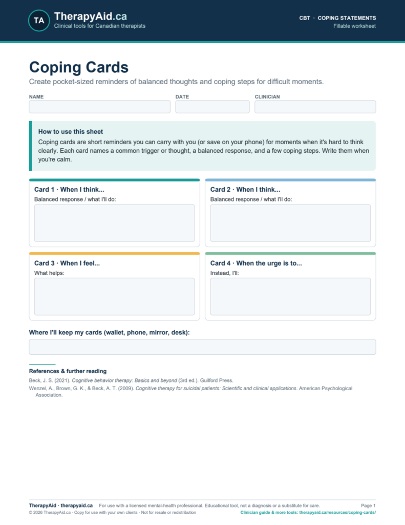 Preview of the Coping Cards worksheet