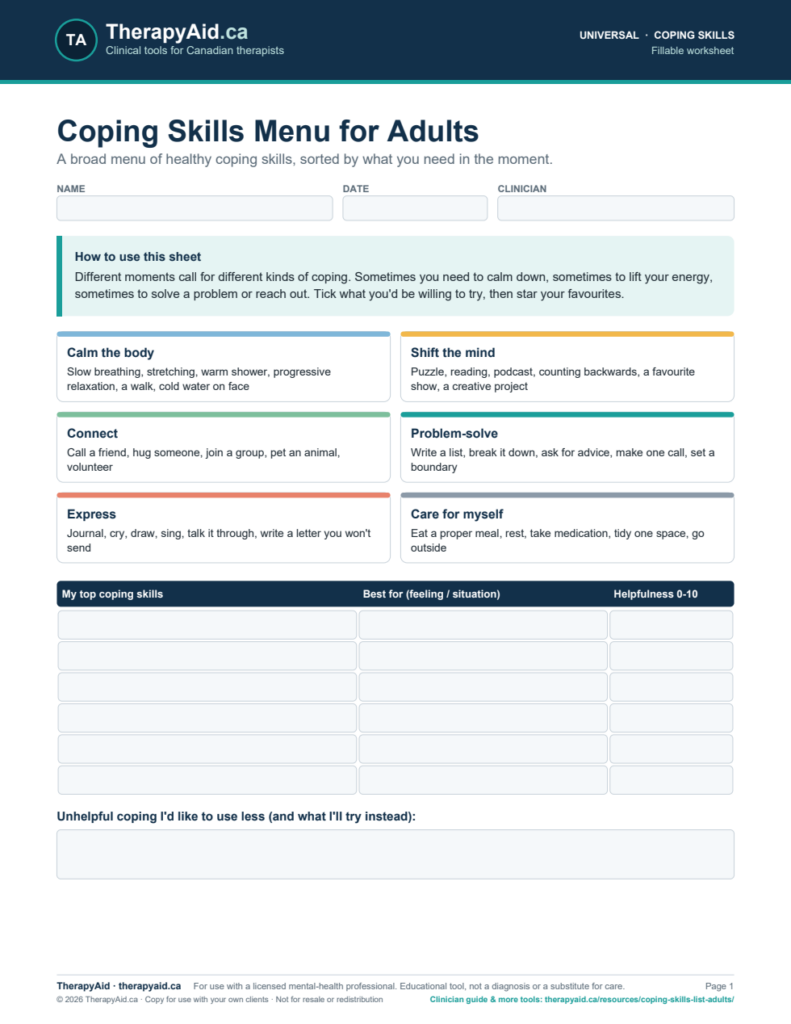 Preview of the Coping Skills Menu for Adults worksheet
