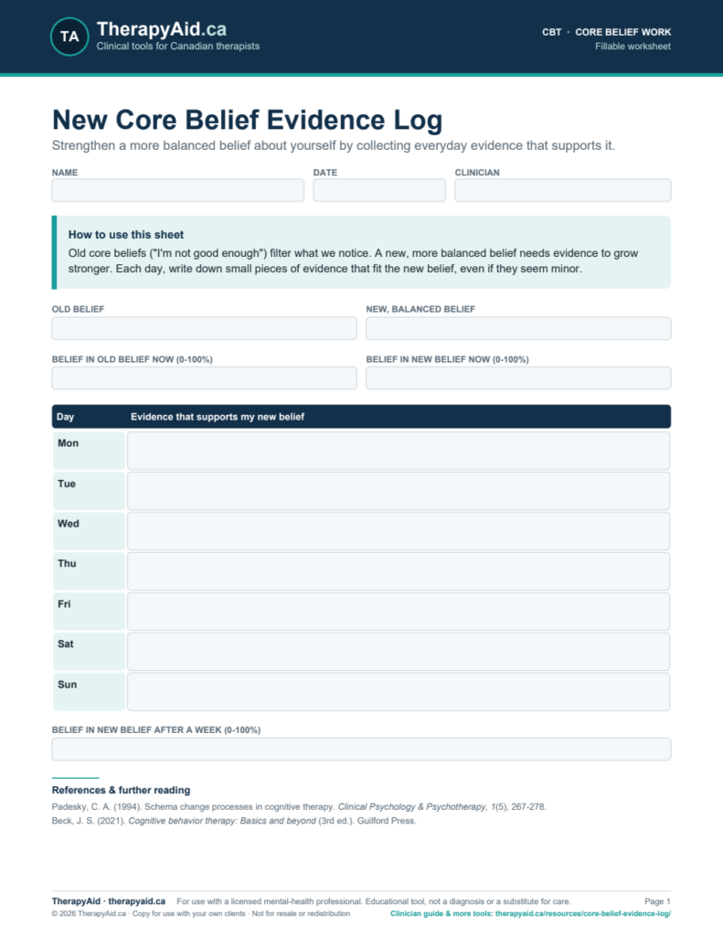Preview of the New Core Belief Evidence Log worksheet