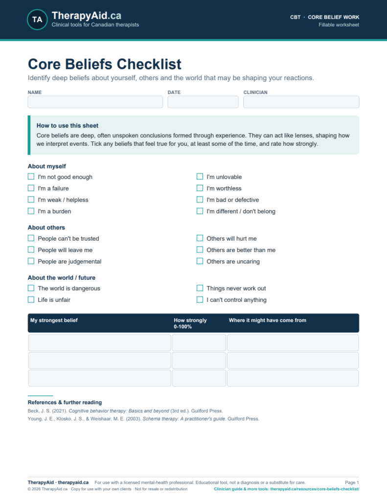 Preview of the Core Beliefs Checklist worksheet