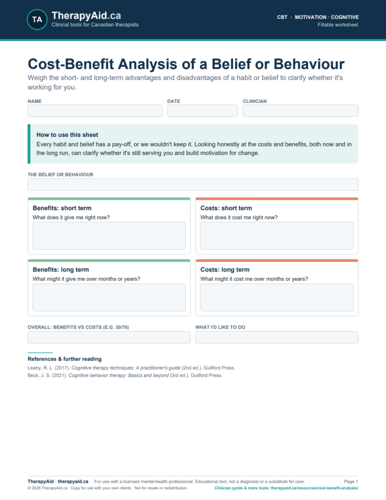 Preview of the Cost-Benefit Analysis of a Belief or Behaviour worksheet