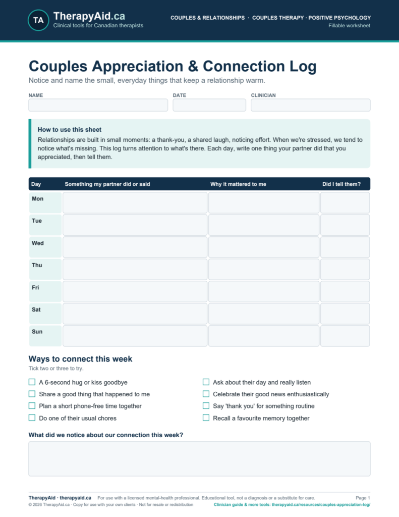 Preview of the Couples Appreciation & Connection Log worksheet