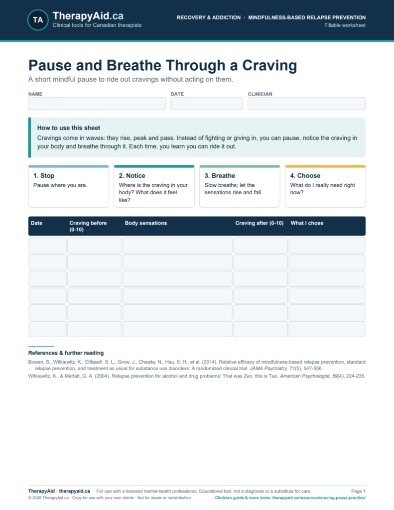 Preview of the Pause and Breathe Through a Craving worksheet