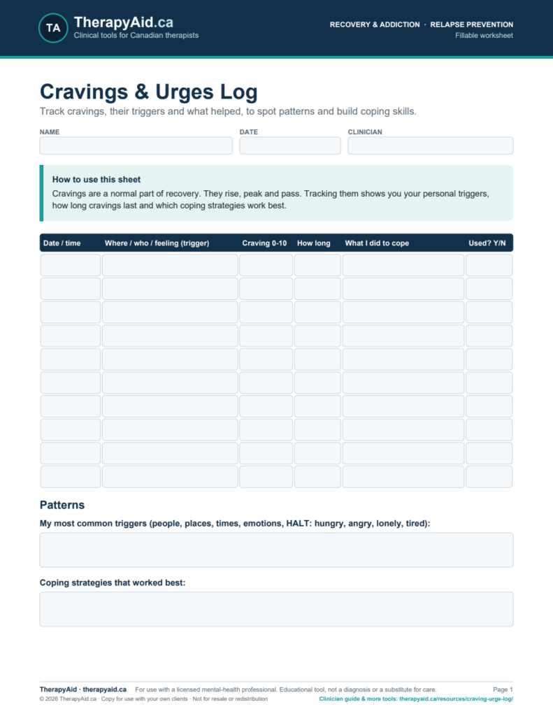 Preview of the Cravings & Urges Log worksheet