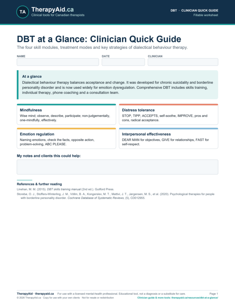 Preview of the DBT at a Glance: Clinician Quick Guide worksheet