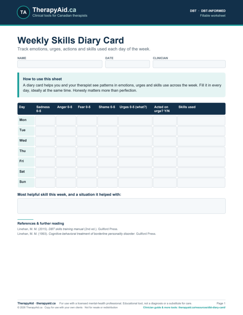 Preview of the Weekly Skills Diary Card worksheet