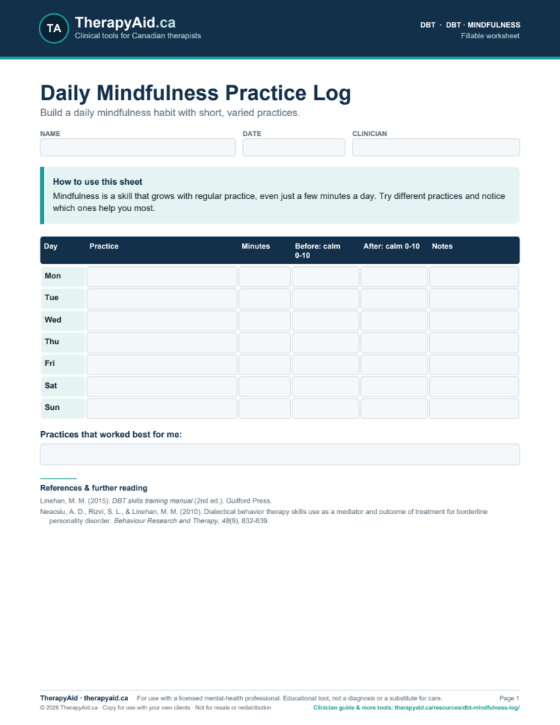 Preview of the Daily Mindfulness Practice Log worksheet