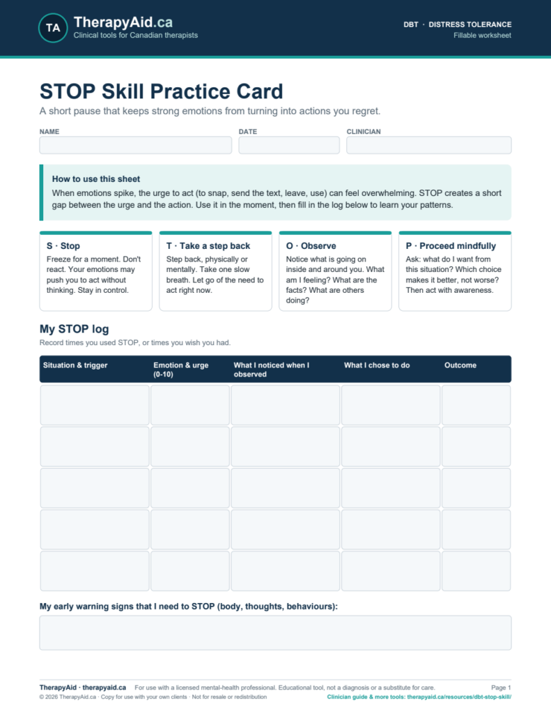 Preview of the STOP Skill Practice Card worksheet