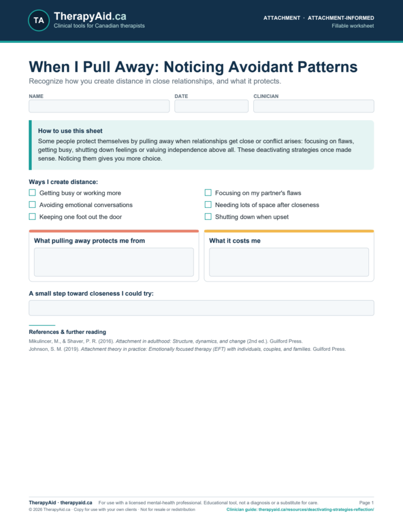 Preview of the When I Pull Away: Noticing Avoidant Patterns worksheet
