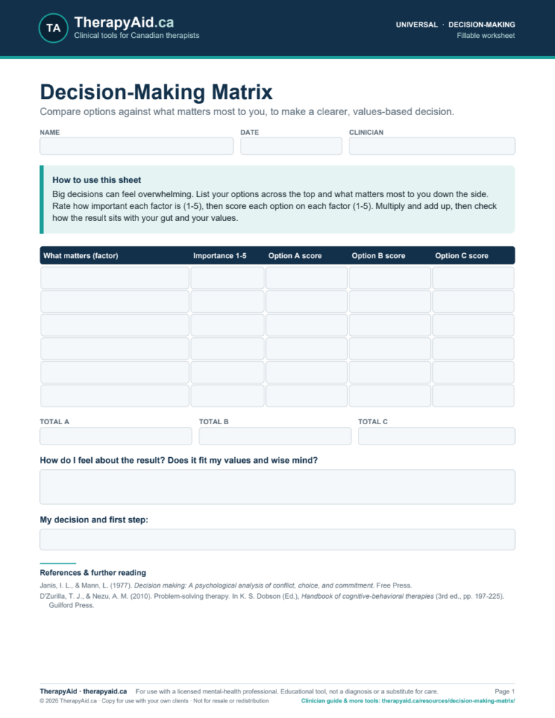 Preview of the Decision-Making Matrix worksheet